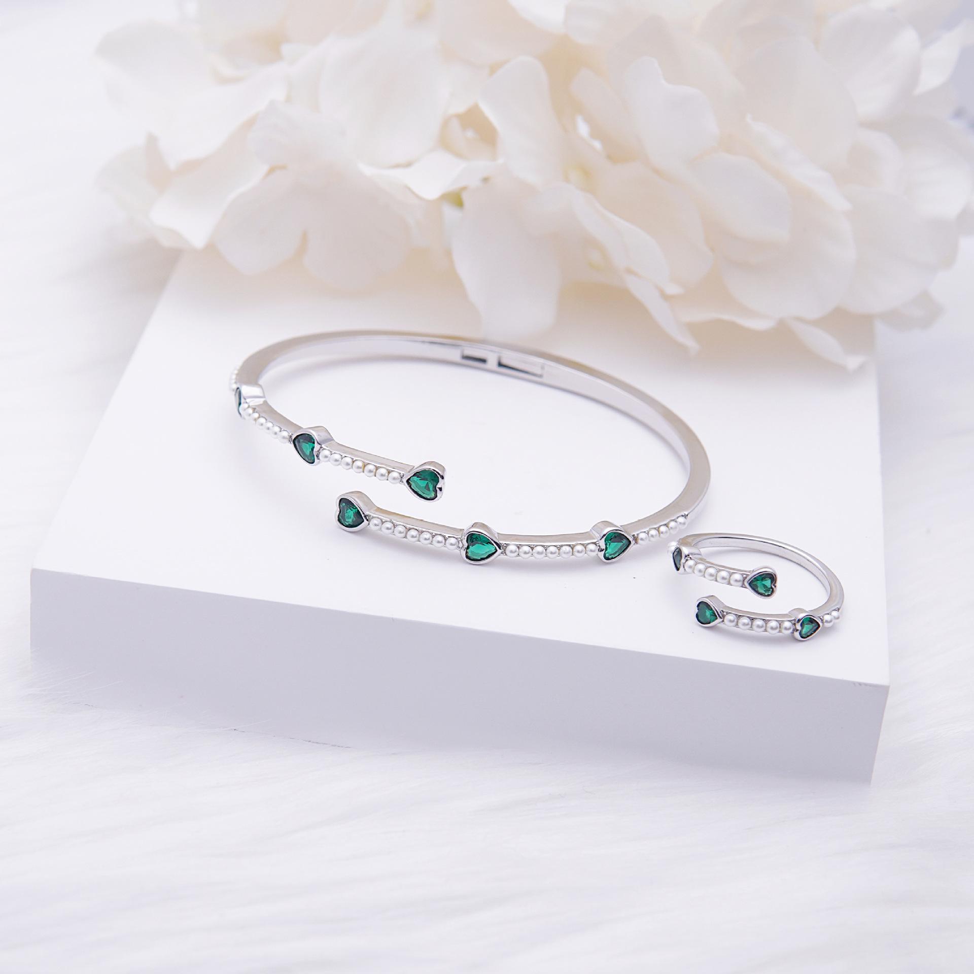 

Retro Green Heart Bangle Ring Set - Minimalist Hong Kong Style Jewelry платиновый