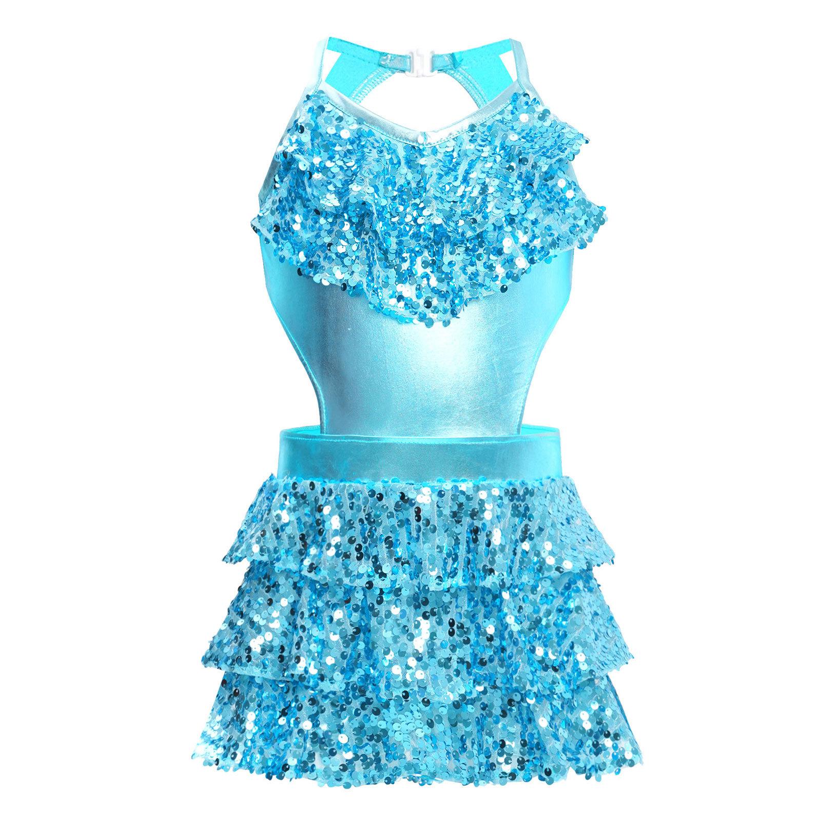

Girls Tiered Ruffle Sequin V Neck Sleeveless Cutout Metallic Dance Dress for Stage Performances and Recitals 5-6 Years світло-синій колір