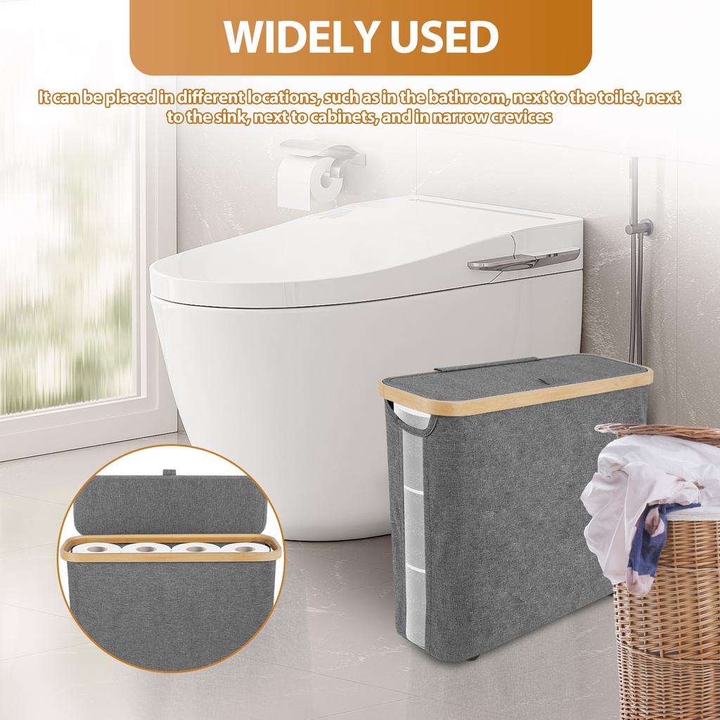 Bathroom Organizer Basket Large Capacity Toilet Paper Storage Basket with Wood Lid Foldable Multifunctional Toilet Paper Storage
