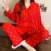 Lente Imitatie Katoen Dames Pyjamaset Revers Knopen Vest Loungewear Senioren Rood Hart Mode Huispak