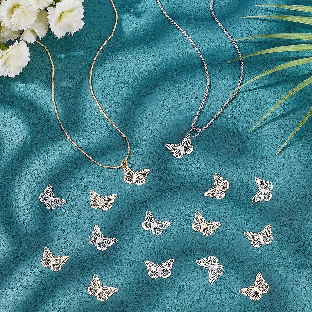 80pcs 2 Colors Filigree Butterfly Charms Brass Butterfly Pendants Golden Silver Butterfly Dangle Pendant Charms for DIY Necklace Bracelet Jewelry