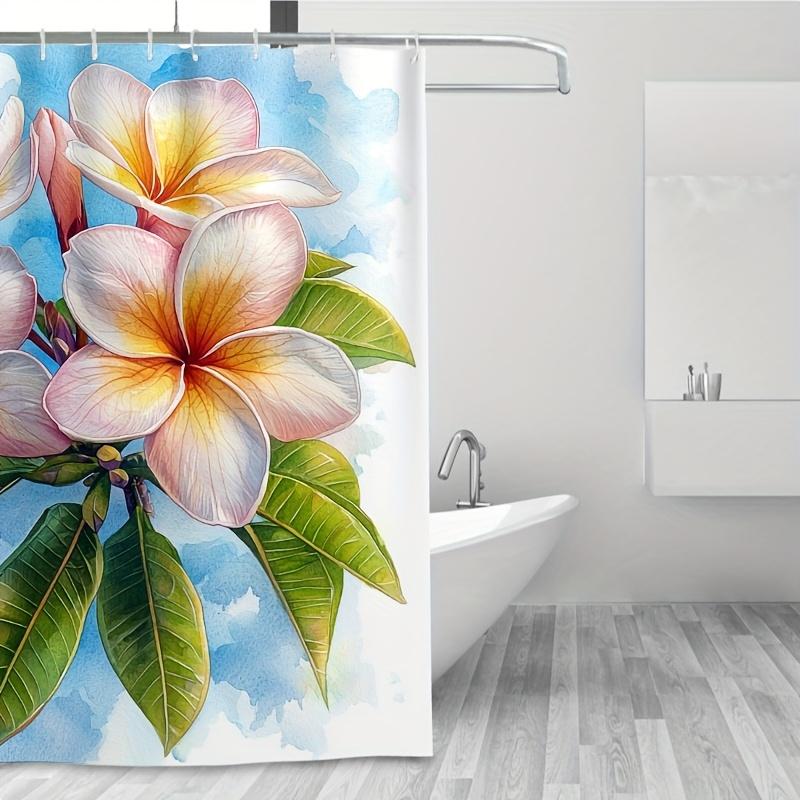 1pc Watercolor Plumeria Shower Curtain - Blue, Pink, Yellow & Green, 71x71 Inch, Polyester, 12 Hooks, Hand Wash, Bathroom Decor