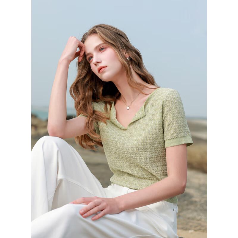Sancai 2025 Spring V-neck Short-Sleeve Textured Knit Top