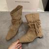 Autumn new temperament square head thick heel fringed short boots women's retro western cowboy boots pleated suede piled boots