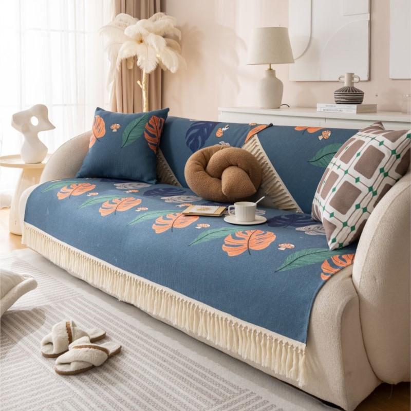 Luxury Tassels Sofa Couch Covers Living Room Non-Slip Armrest Backrest Sofa Cushion Universal Linen Flowers Sofa Slipcover