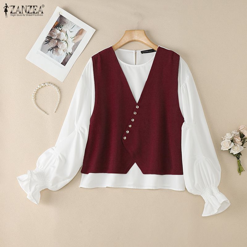 ZANZEA Women Casual Round Neck Long Sleeve Loose Patchwork Blouse