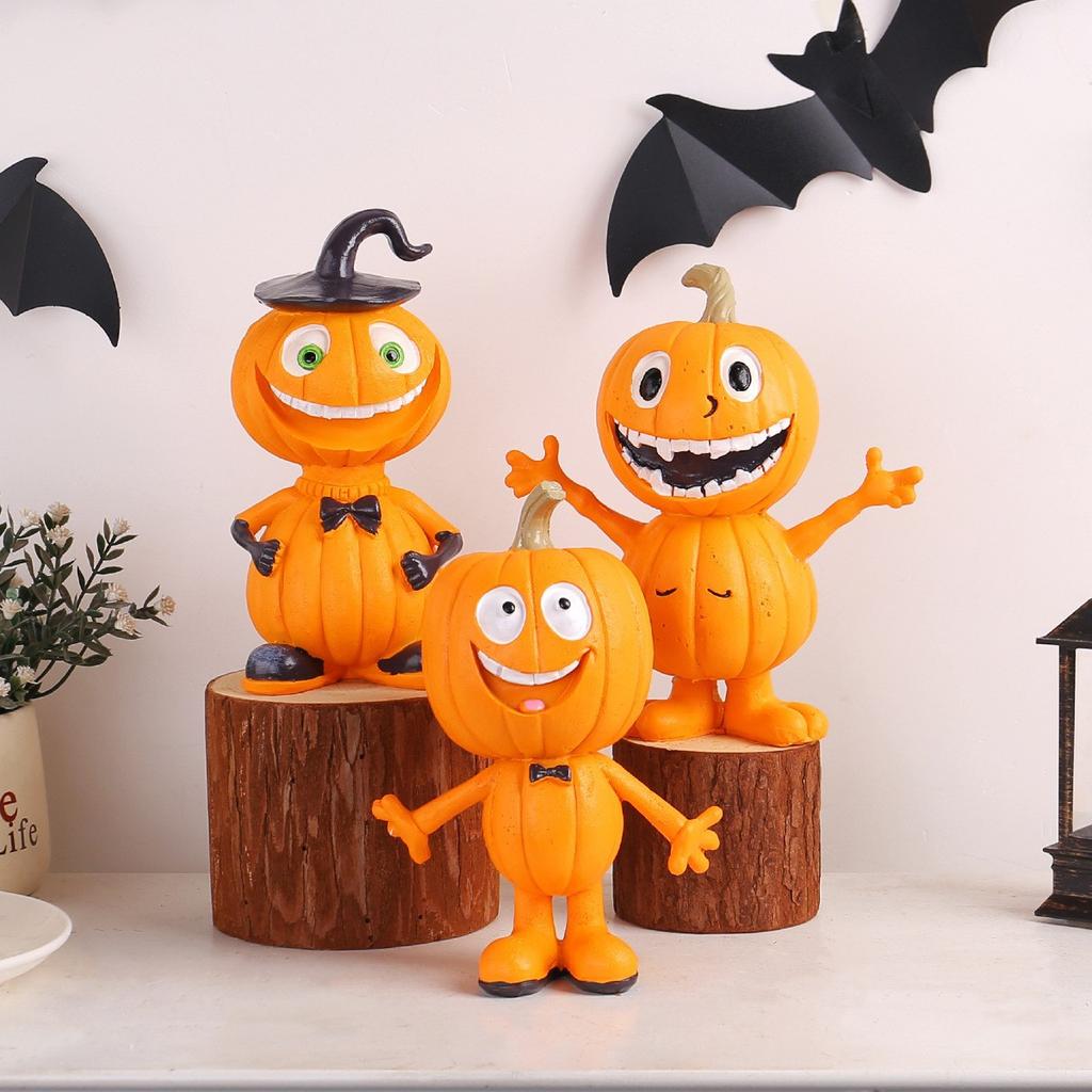 Halloween Pumpkin Man Resin Statue Cartoon Pumpkin Head Doll Tabletop Ornament Indoor Home Garden Holiday Party Gift