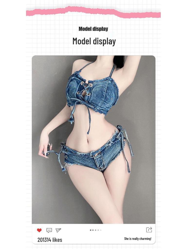 Women's Low Waist Crotchless Ripped Jeans Hot Pants Nightclub Lingerie, Polyester 8026