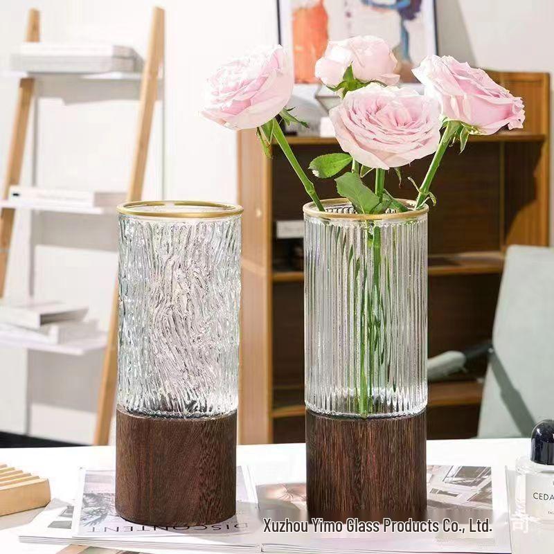 Nordic Light Luxury Crystal White Glass Vase with Wooden Holder for Fresh Flowers - Living Room Decor