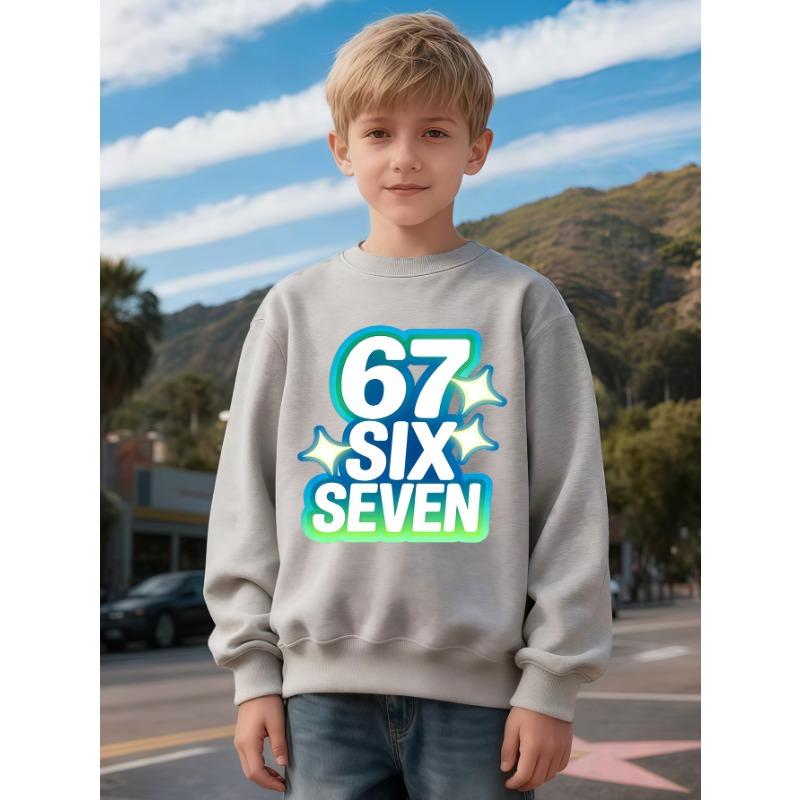 Unisex Kids Crewneck Sweatshirt, Gradient Neon Star 67 Print Long Sleeve Pullover, Boys Girls Casual Birthday Sweatshirt For Kids Over 4 Years Old