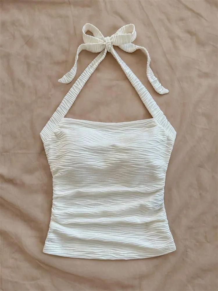 

Кроп-топ phumee однотонный халтер ками с открытой спиной без рукавов облегающий A2452 M белый