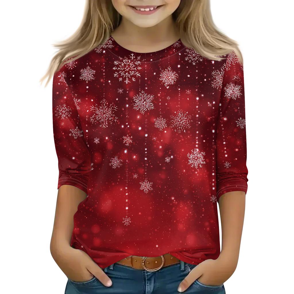 Christmas Day Print Tops For Youth Girls 4-11 Years Round Neck 3/4 Sleeves T-Shirts Trendy Tops Outfit Tees