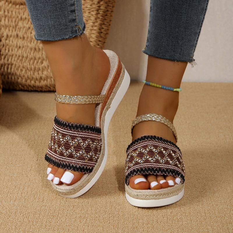 

New Plus Size Slippers Women s Woven Cloth Wedge Heel Thick-soled Ethnic Style Fashion, Versatile and Comfortable Women 36 коричневый