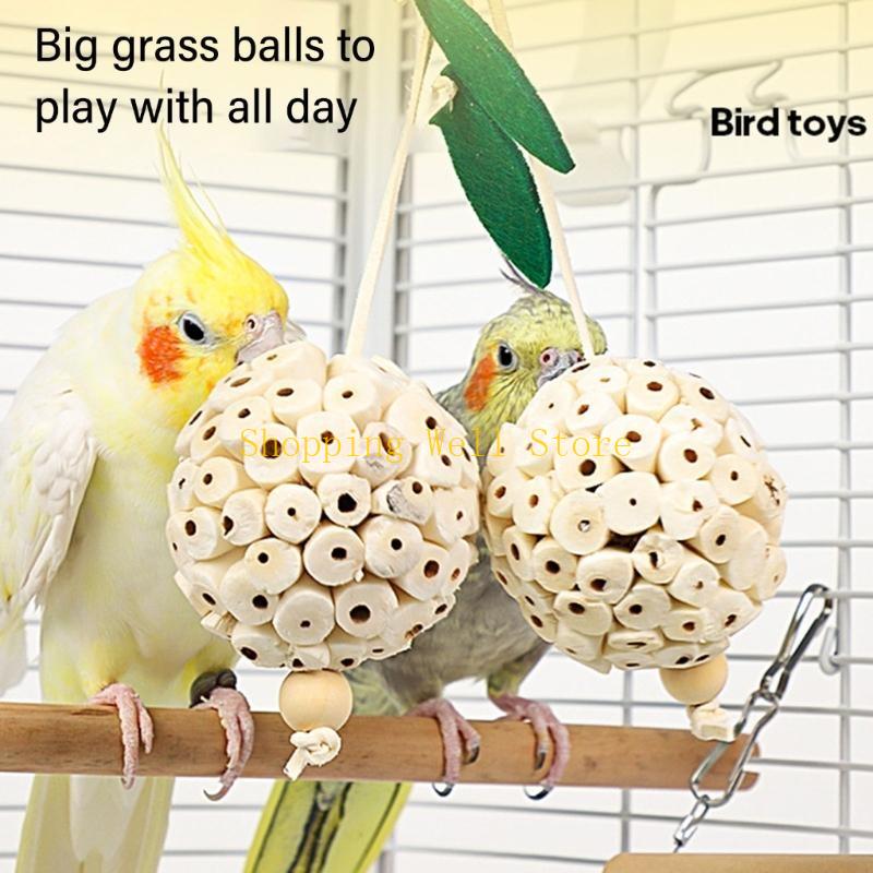 KX4B Pet Bird Straw Chew Toy Natural Molar Sphere for Cockatiel Conure
