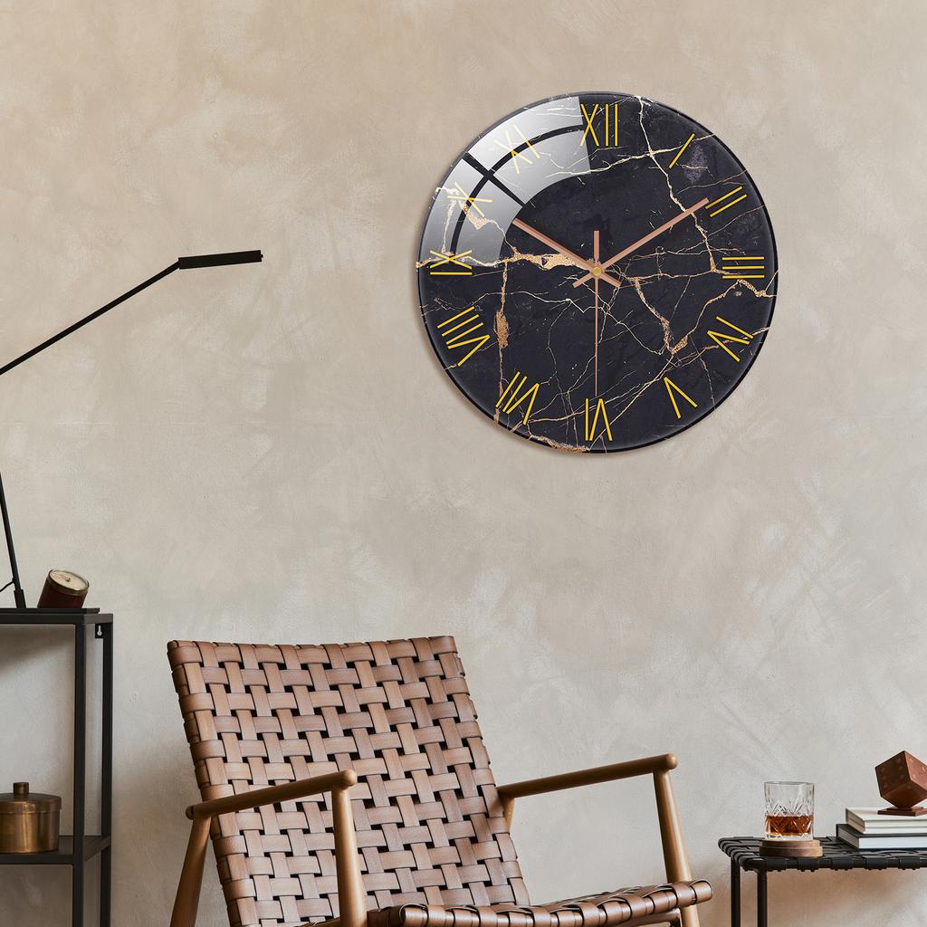 1pc 12 inch tempered glass wall clock, modern simple black marble texture gold Roman numerals design wall clock, home mute clock