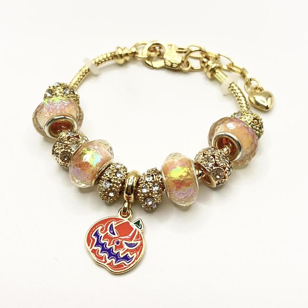 High Quality Gold Plated Crystal Rhinestone Lotus Flower Charm Bracelet Large Hole Beads Pink Flower Pendant Adjustable DIY