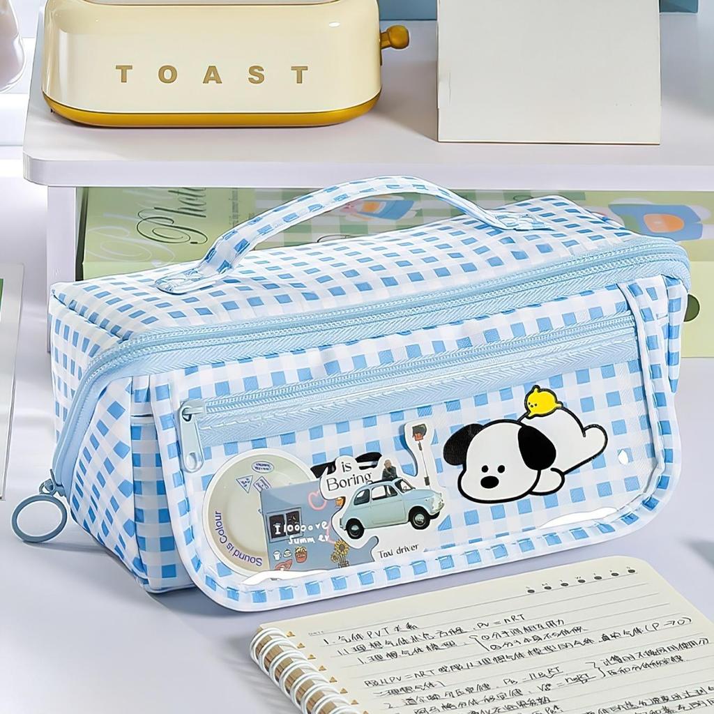 Cute Plaid Puppy Large Capacity Pencil Case Multi-Function Cartoon Stationery Bag with Prism Design Stain Resistant