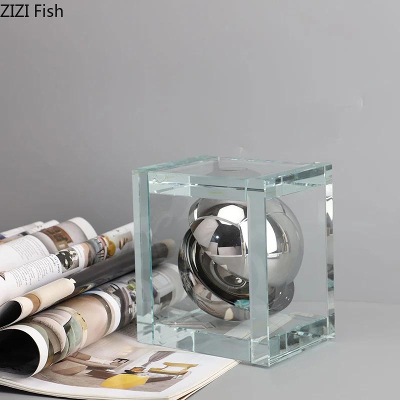 Geometric Square Block Silver Ball Crystal Ball Ornaments Desk Decoration Modern Crafts Abstract Artwork Room Aesthetic Decor