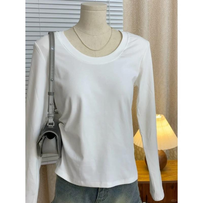 Simple collar straight shoulder bottoming shirt women's autumn slim and thin white long-sleeved shirt with basic versatile top