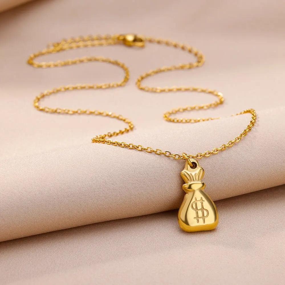 Hot-selling Money Bag Pendant Necklace Women's Titanium Steel Gold-plated Non-fading Jewelry Retro Rich Pendant Gold-plated