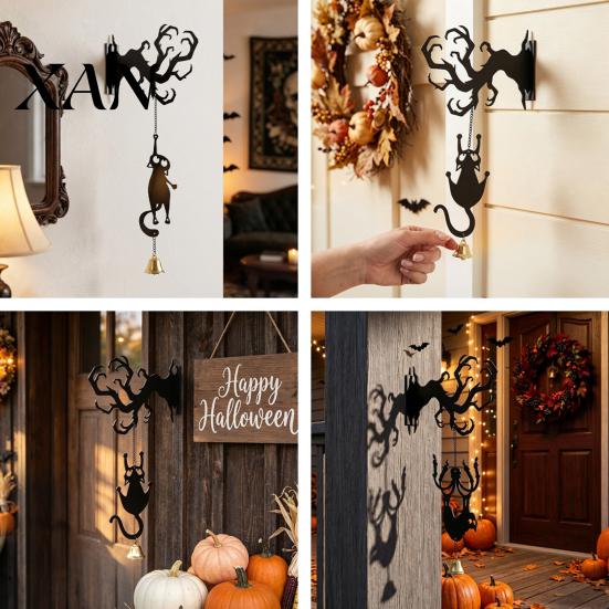Gothic Style Wall Hanging Halloween Welcome Sign, Mount 2D Acrylic Decor with Bell, Holiday Scenery Black Cat Creepy Ghost Ornament for Outdoor Porch