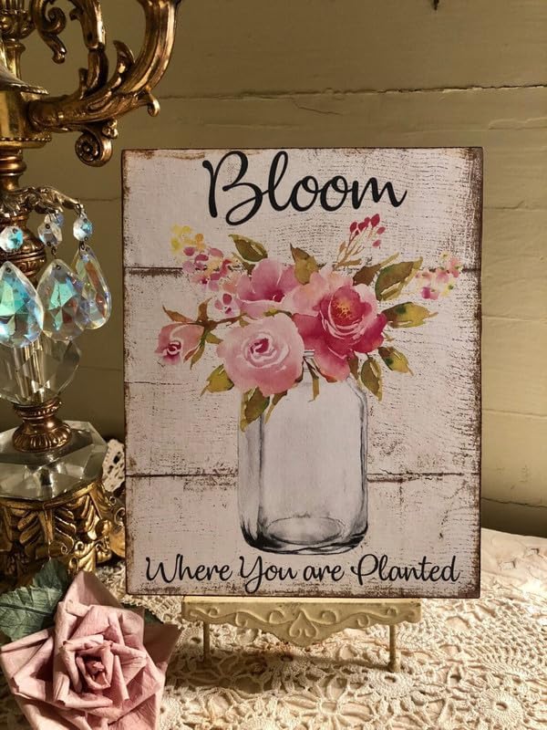 Shabby Chic Plaque Bloom Where You Are Planted Sign Decorative Retro Metal Tin Sign Vintage Sign for Home Coffee Wall Decor