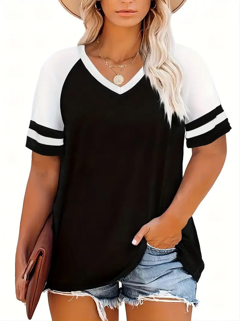 Amazon's new women's crew neck shoulder plug contrasting short-sleeved V-neck T-shirt is casual and versatile