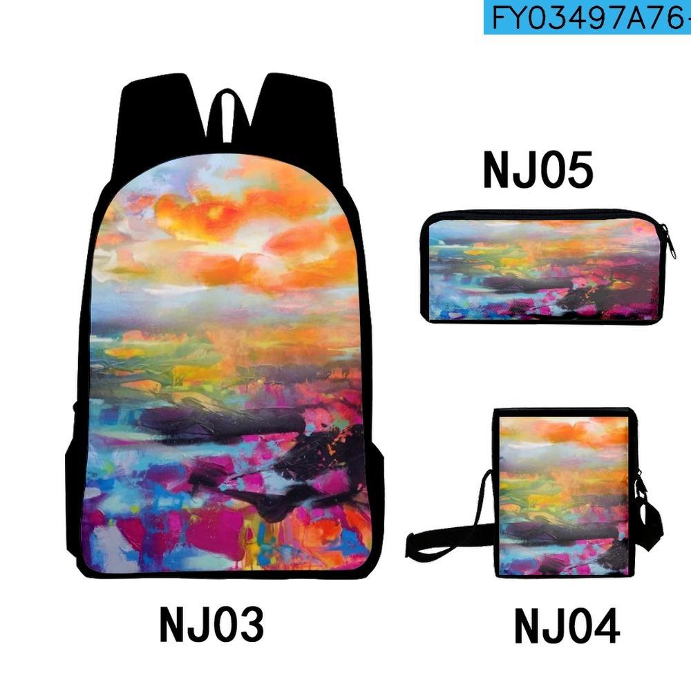 Trendy Tie dye graffiti oil painting 3D Print 3pcs/Set School Bags Laptop Daypack Backpack Inclined shoulder bag Pencil Case