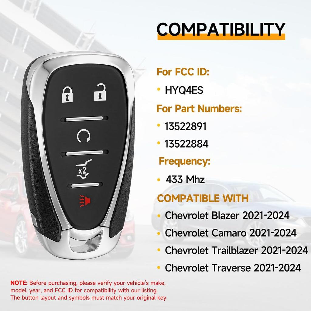 Key Fob Replacement Fits for Chevy Blazer Camaro Trailblazer Traverse    2024 Smart Car Proximity Keyless Entry Remote Control HYQ4ES 433Mhz 13522891