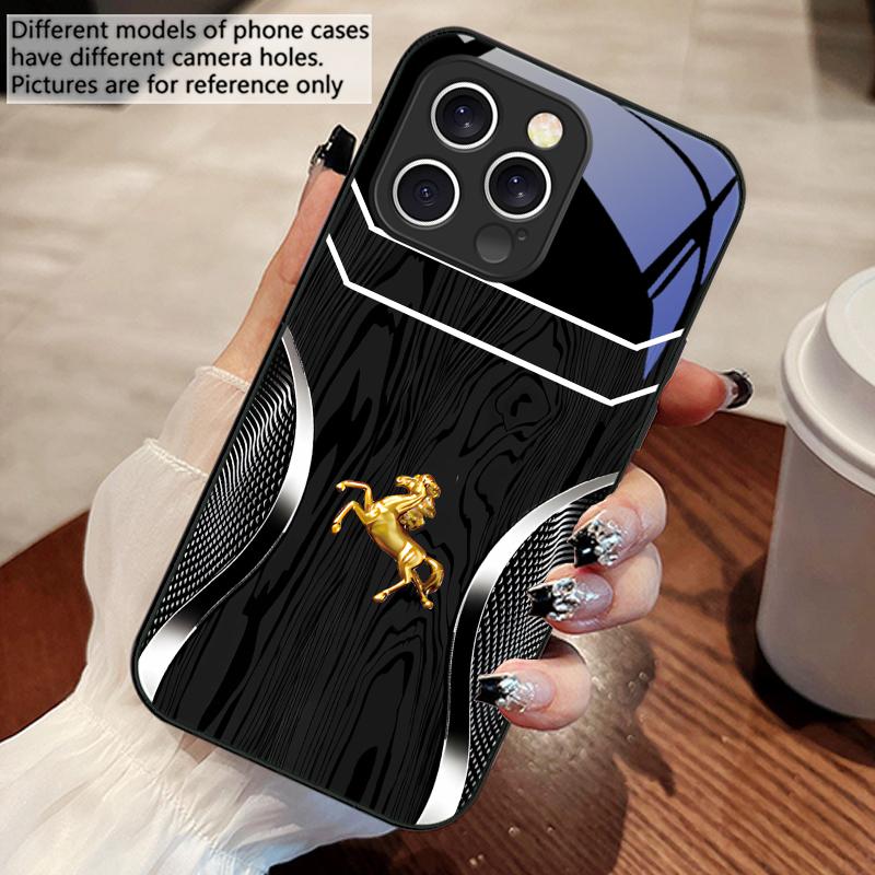 Wood Grain Golden Horse For IPhone 16 Pro Max 15 Pro 14 13 12 Mini 11 XS M Ax XR 7 8 Plu SE 2022 Tempered Glass Phone Case