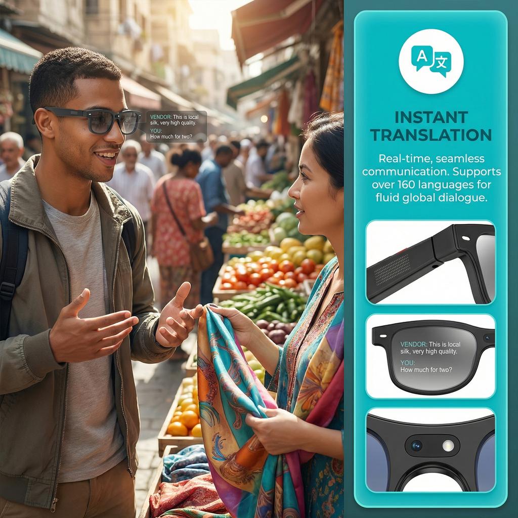 Audio BT Camera Glasses Real-Time 160 Language Translation Color-Change Len HD Smart Glasses Video Recording Glasses for Outdoor