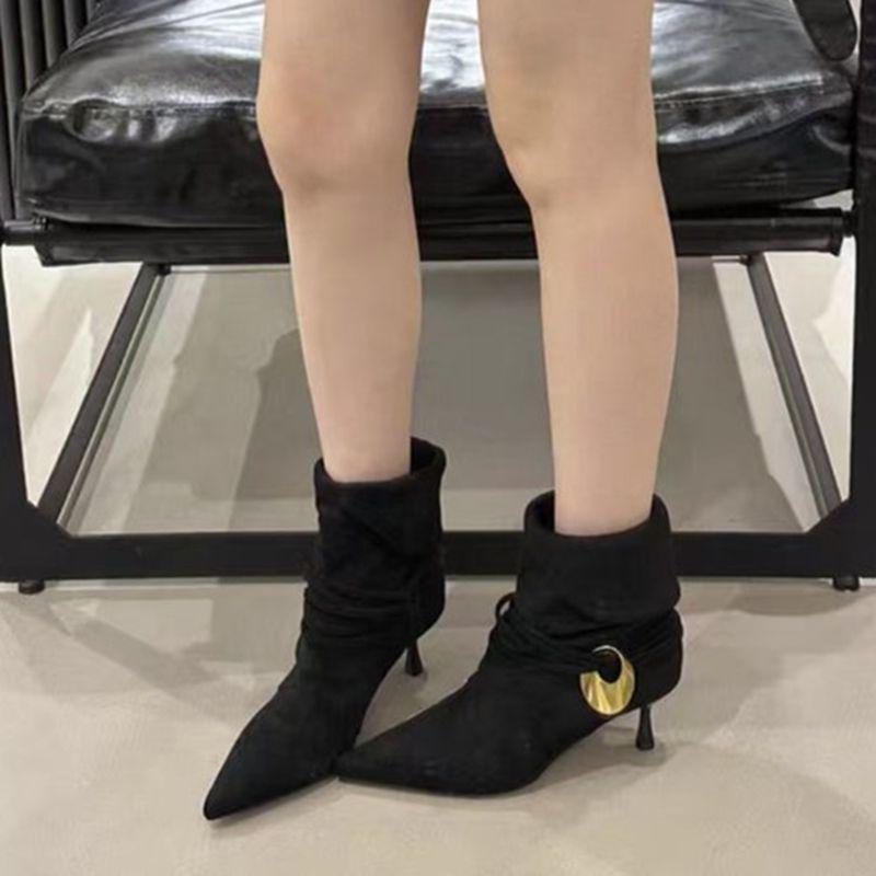 

Корейские ретро ботильоны с острым носком: Замшевые полусапоги-стилетто до середины икры с металлической пряжкой, коллекция осень-зима 2025 Size 40, Heel 6cm