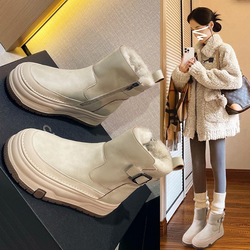 Thick-soled Snow Boots for Women, Winter Velvet Thickened Warm Casual Martin Boots for Women, Large Cotton Shoes