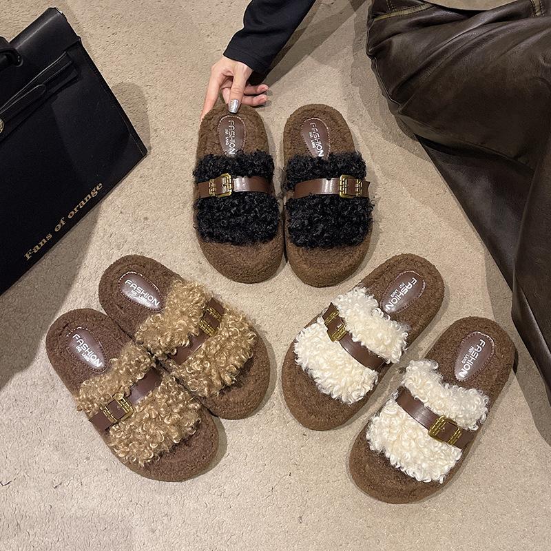 Lamb wool thick-soled fluffy slippers outer wear 2025 autumn and winter new one-word belt buckle home plush cotton slippers women