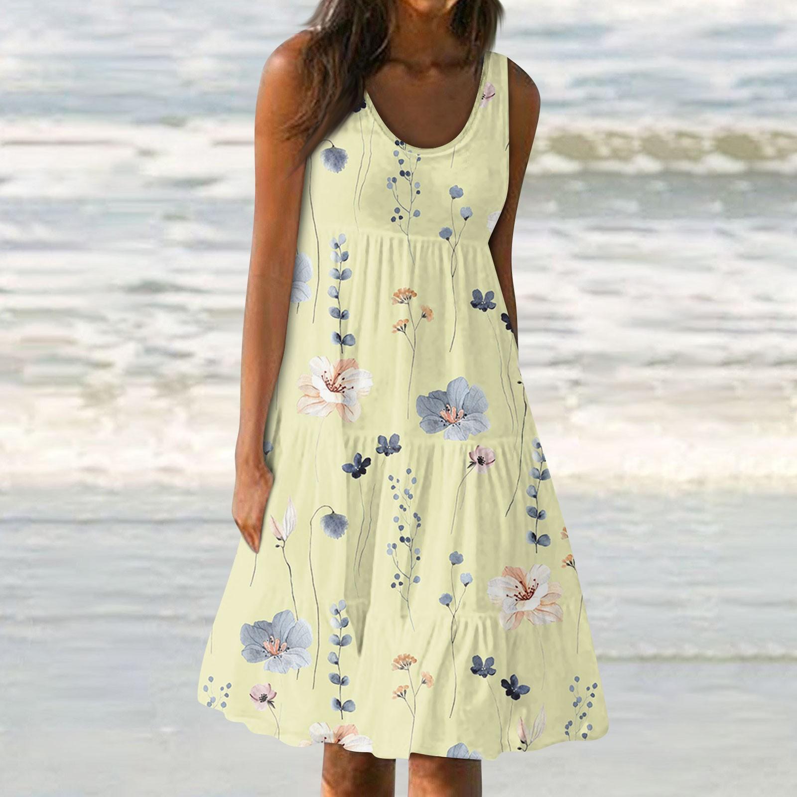 

Женские платья-жилеты Лето-весна Плиссированные богемные платья Симпатичные струящиеся пляжные платья без рукавов Прямая футболка Платья-майки Платья с круглым вырезом XL жёлтый