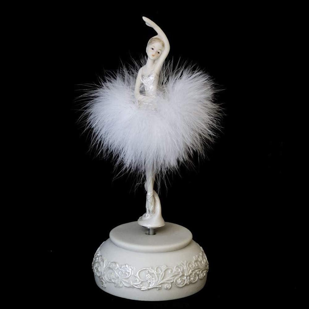 White/Pink Ballerina Music Box Figurine Plays Swan Lake, Hand-Painted Ballet Girl Feather Skirt Musical Gift for Birthday