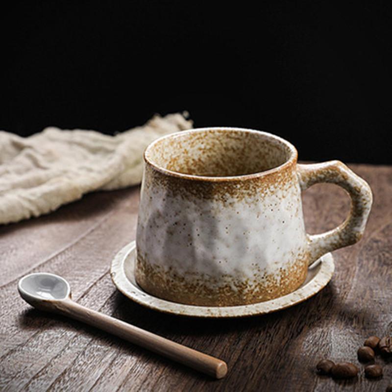 Japanese-Style Coarse Pottery Coffee Cup And Saucer Set Creative Mug Retro Ceramic Cup Handmade Cup Afternoon Teacup