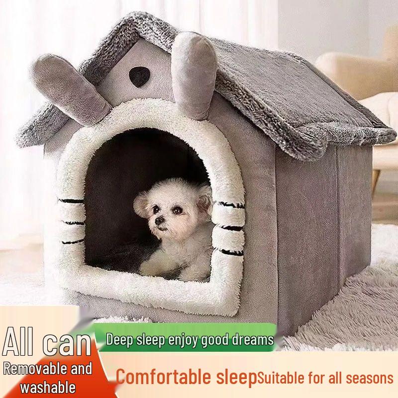 Washable House-Shaped Dual-Use Cat & Small Dog Bed with All-Season Cushion