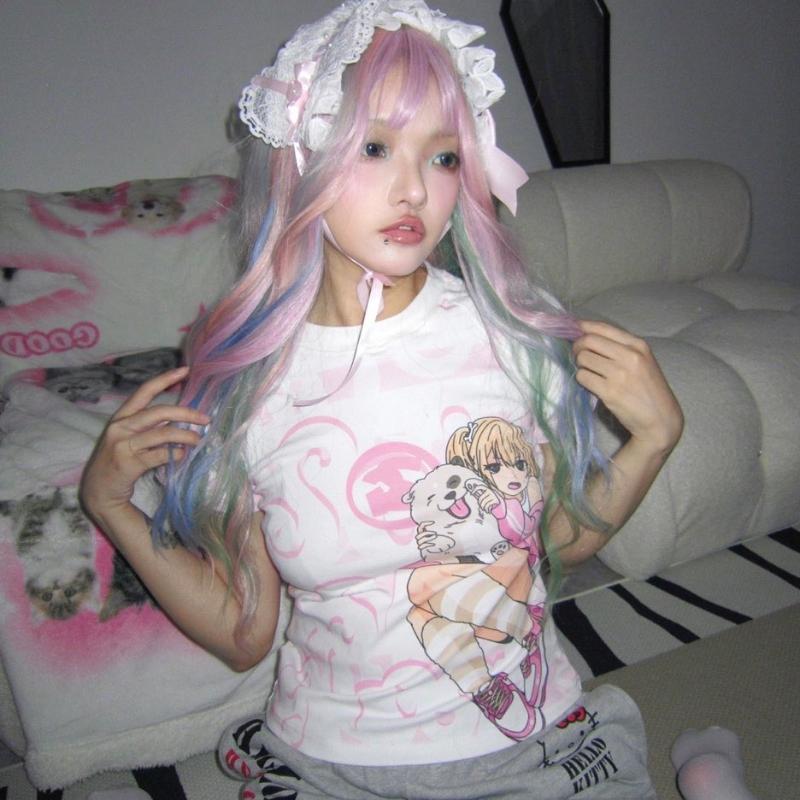 Kawaii Y2k Harajuku T-shirt Japanese Style Sexy Pink Crop Tops Slim Up Coquette Streetwear Casual Cutecore Summer Tees