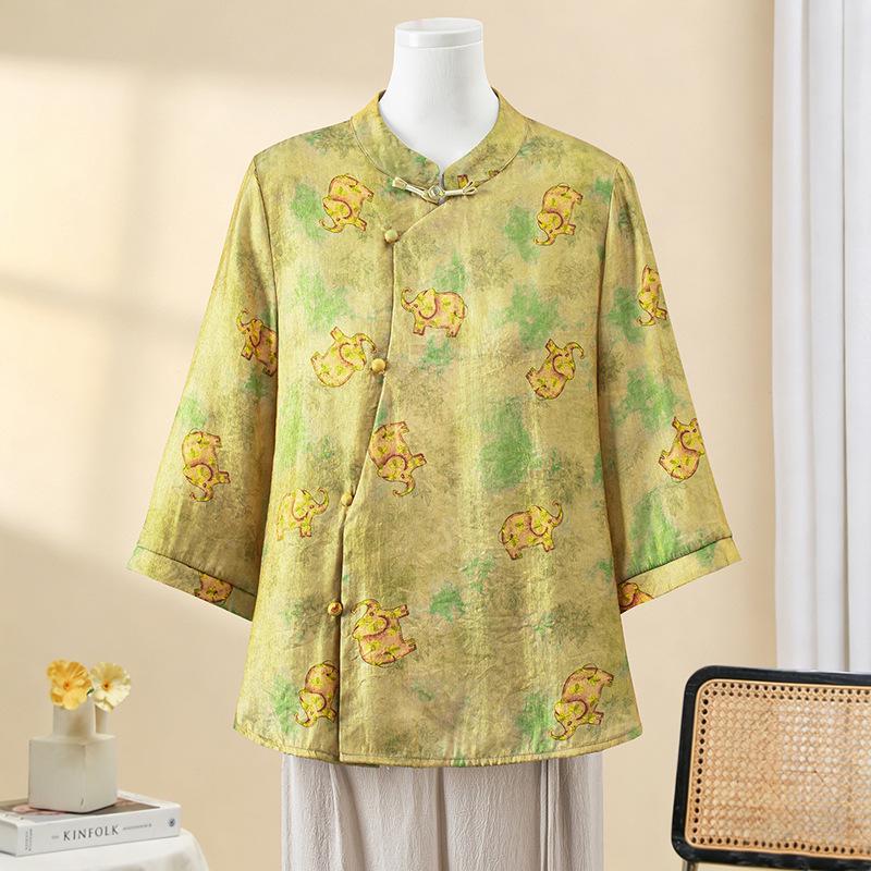 2026 Summer Tang Suit Printed National Style Loose Mid-Sleeve Breathable Retro Top Plus Size Shirt 4XL (67.5-72.5kg) зелёный
