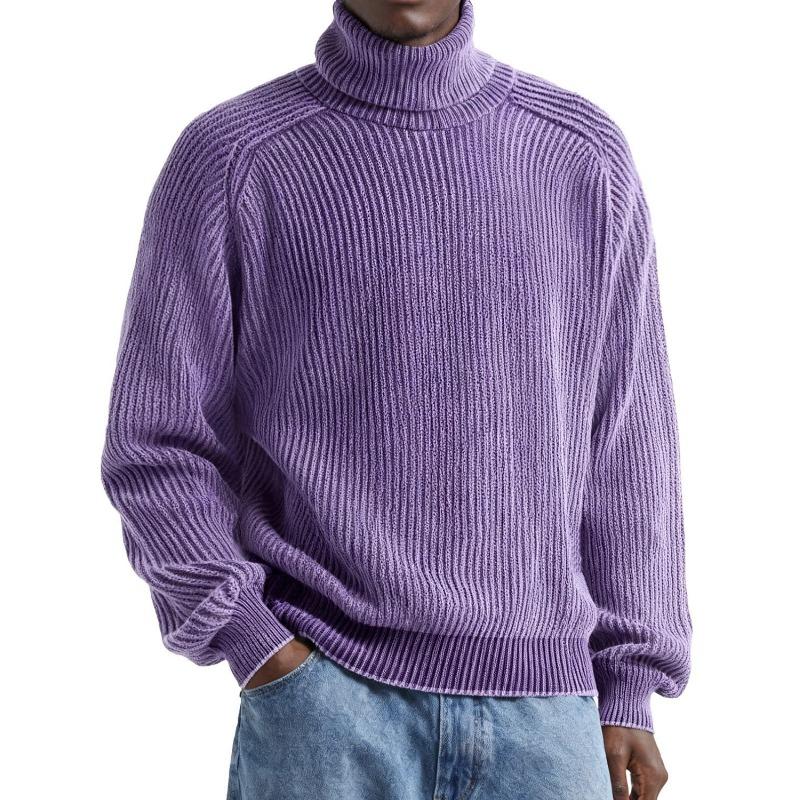 Mens Ribbed Knit Turtleneck Sweater Casual Washed Solid Color Loose Fit Pullover