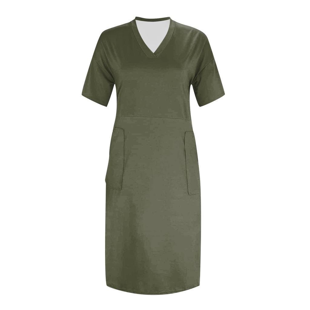 Elegant Women's Casual V-Neck Short Sleeve Loose Fit Dress with Pockets Comfortable Summer Fashion for All Occasions