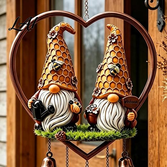 Heart Shaped Sun Catcher Heart-Shaped Couple Wind Chime Honeybee Gnome & Red Bird Outdoor Hanging Decor Bee Ornament Love Suncatcher for Patio Porch