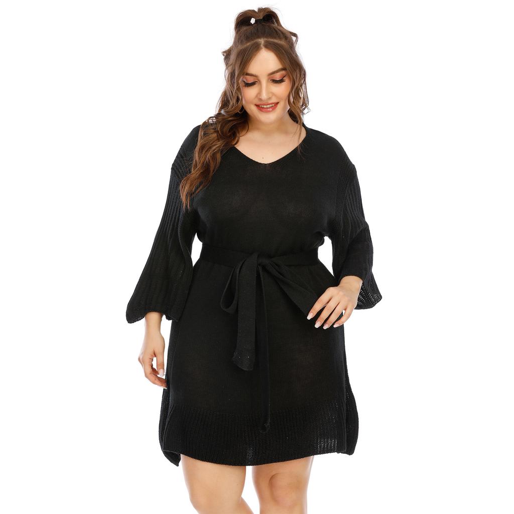 Damen Herbst und Winter Große Größe Glockenärmel Strickkleid Taillengürtel Kleider