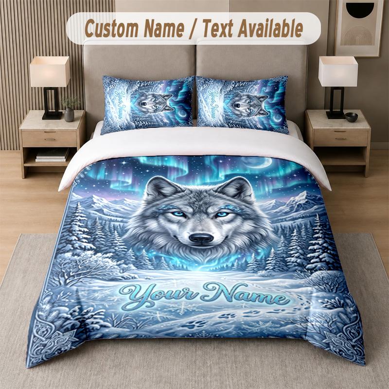 Wolf Fuchs Thema Benutzerdefinierter Text Oder Name 3-teiliges Bettwäsche-Set 1 Spannbettlaken & 2 Kissenbezüge Personalisierte Heim-Bettwäsche