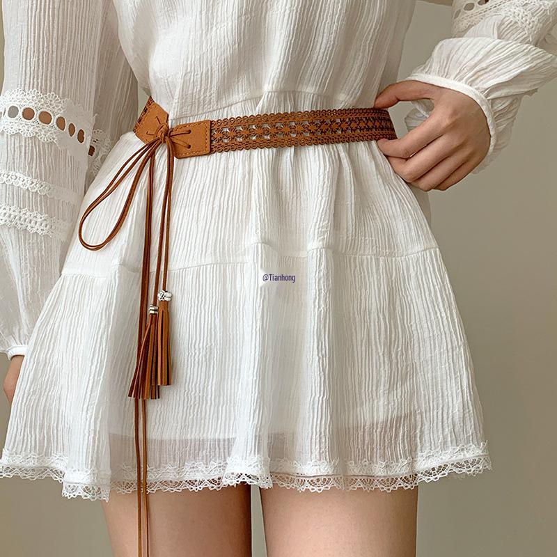 Ethnic Style Brown Leather Waist Belt for Women's Dress Decoration - Ideal for Desert Tourism & Northwest Travel Outfits