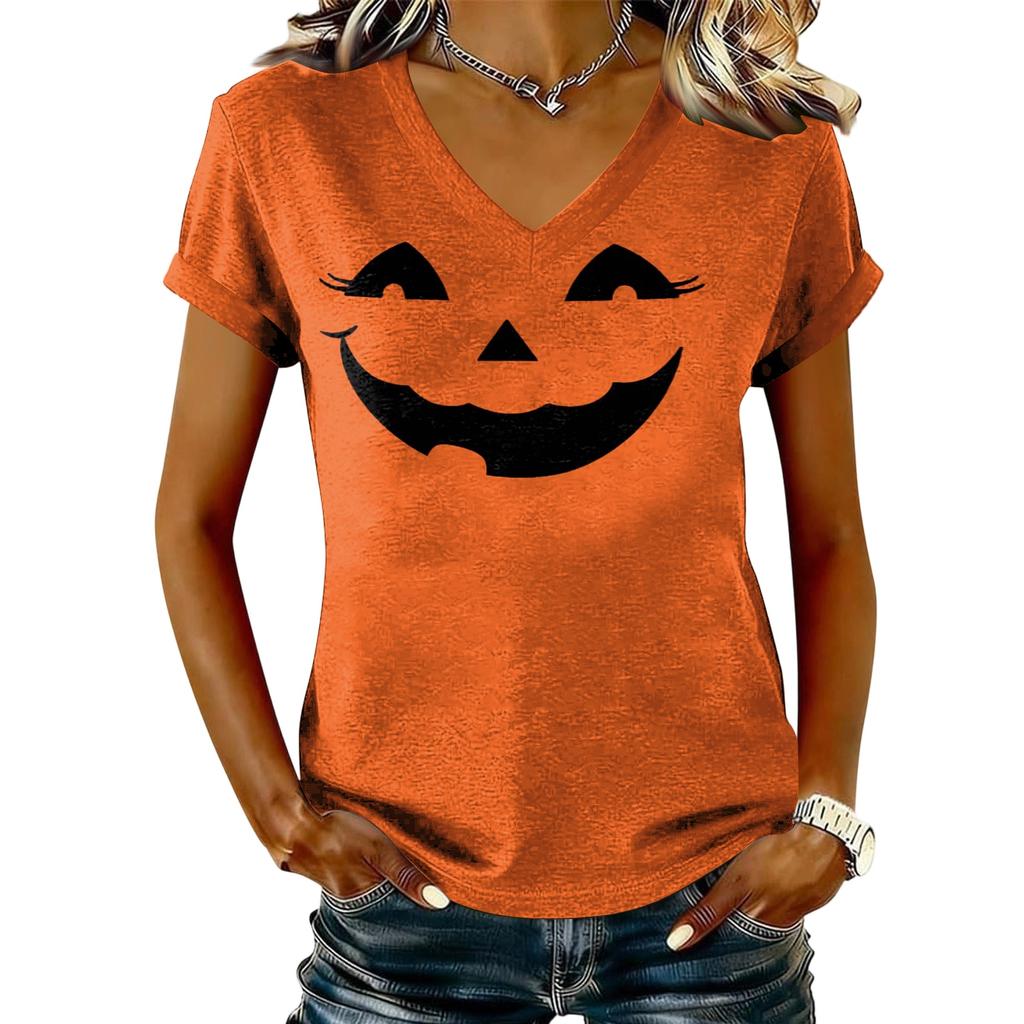 Maglione casual da donna a maniche corte con scollo a V e stampa di Halloween