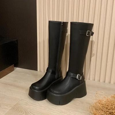 Mode Plateau Keilabsatz Damen Kniehohe Stiefel Mode Gürtelschnalle Slipper Outdoor Lange Stiefeletten Herbst Winter Damenschuhe 2024 Neu