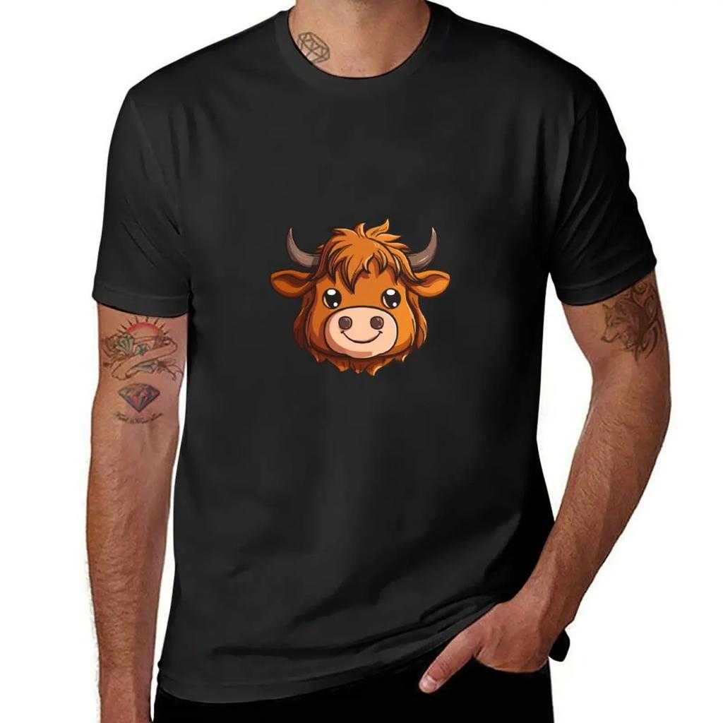 Kawaii Highland Cow Head TShirt Tops New Edition Kawaii Clothes Customs T Shirts for Men Cotton