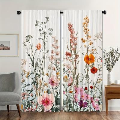 2Pcs Rtic Floral Curtains With Green Leaf Design, Rod Pocket For Easy Hanging, Vibrant Wildflower Botanical Print For Bedroom